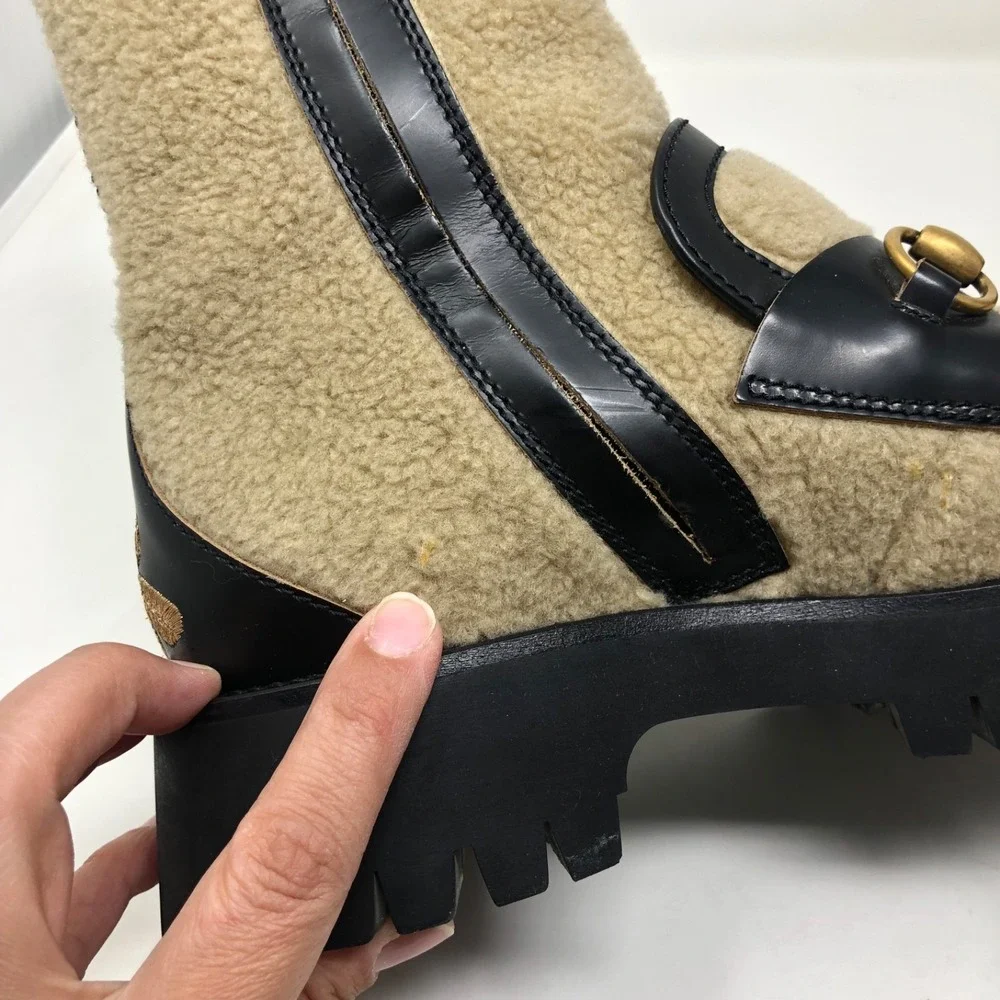 Gucci Ankle Shearling Combat‎ Boot Horsebit Womens 37.5 US 7.5 Beige Designer